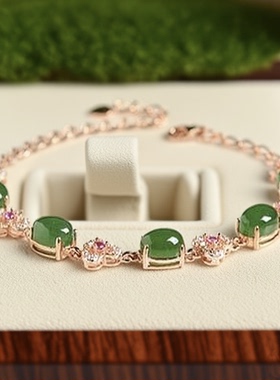 s925银镀金镶嵌碧玉菠菜绿手链女款轻典雅银镶玉蛋面手链
