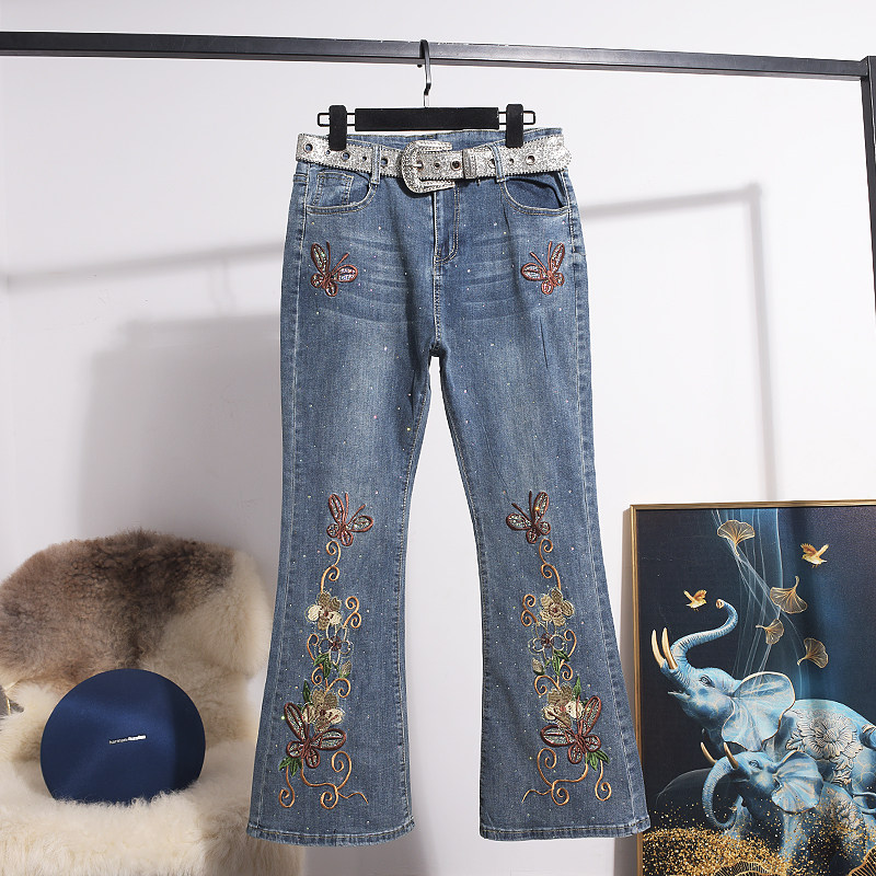 微喇复古牛仔裤女刺绣烫钻2025年秋冬重工高腰弹力修身大码喇叭裤,女装/女士精品,牛仔裤,淘宝优惠券,粉丝福利购,淘宝优惠卷