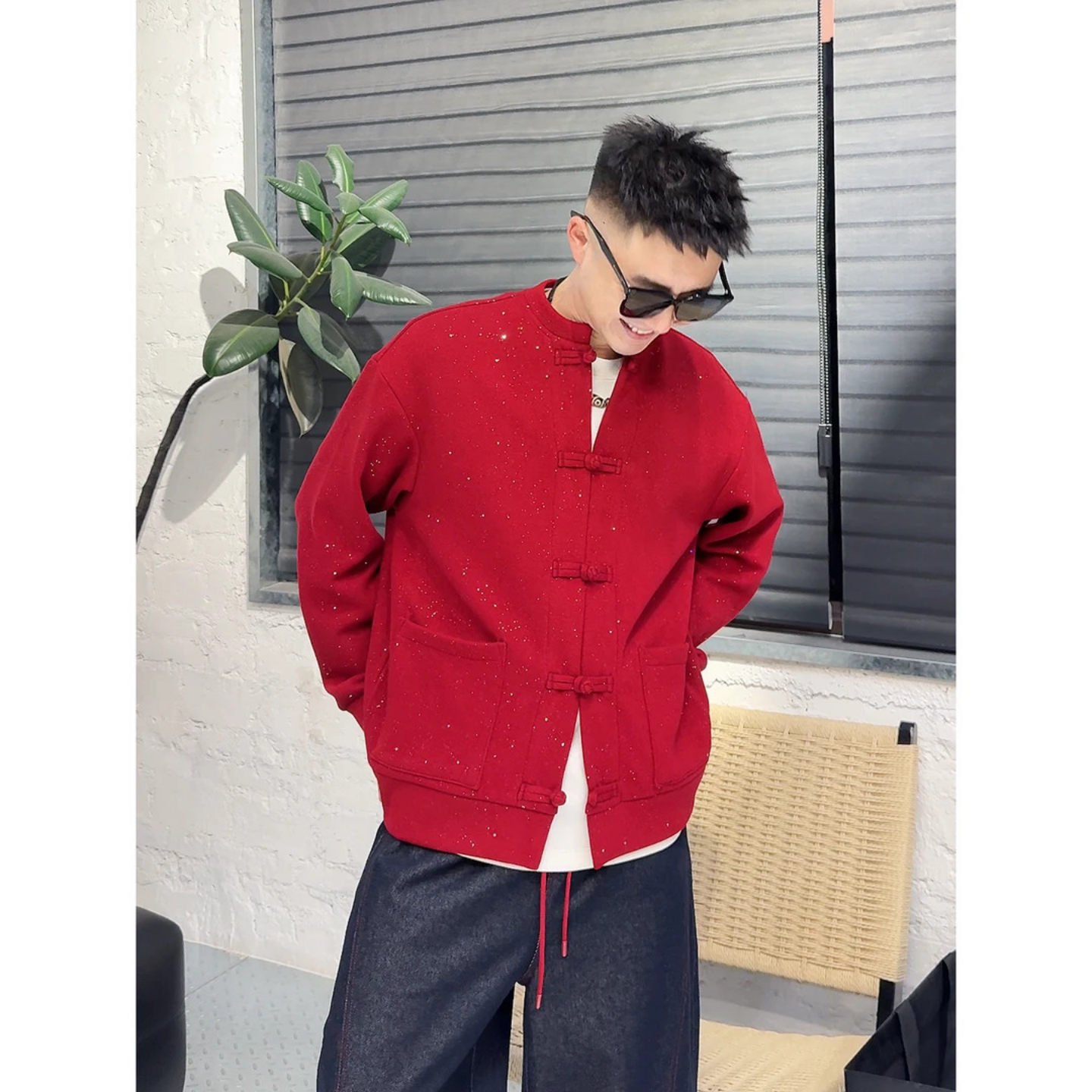 冬季新中式立领盘扣卫衣开衫男红色满天星国风外套新年本命年男装