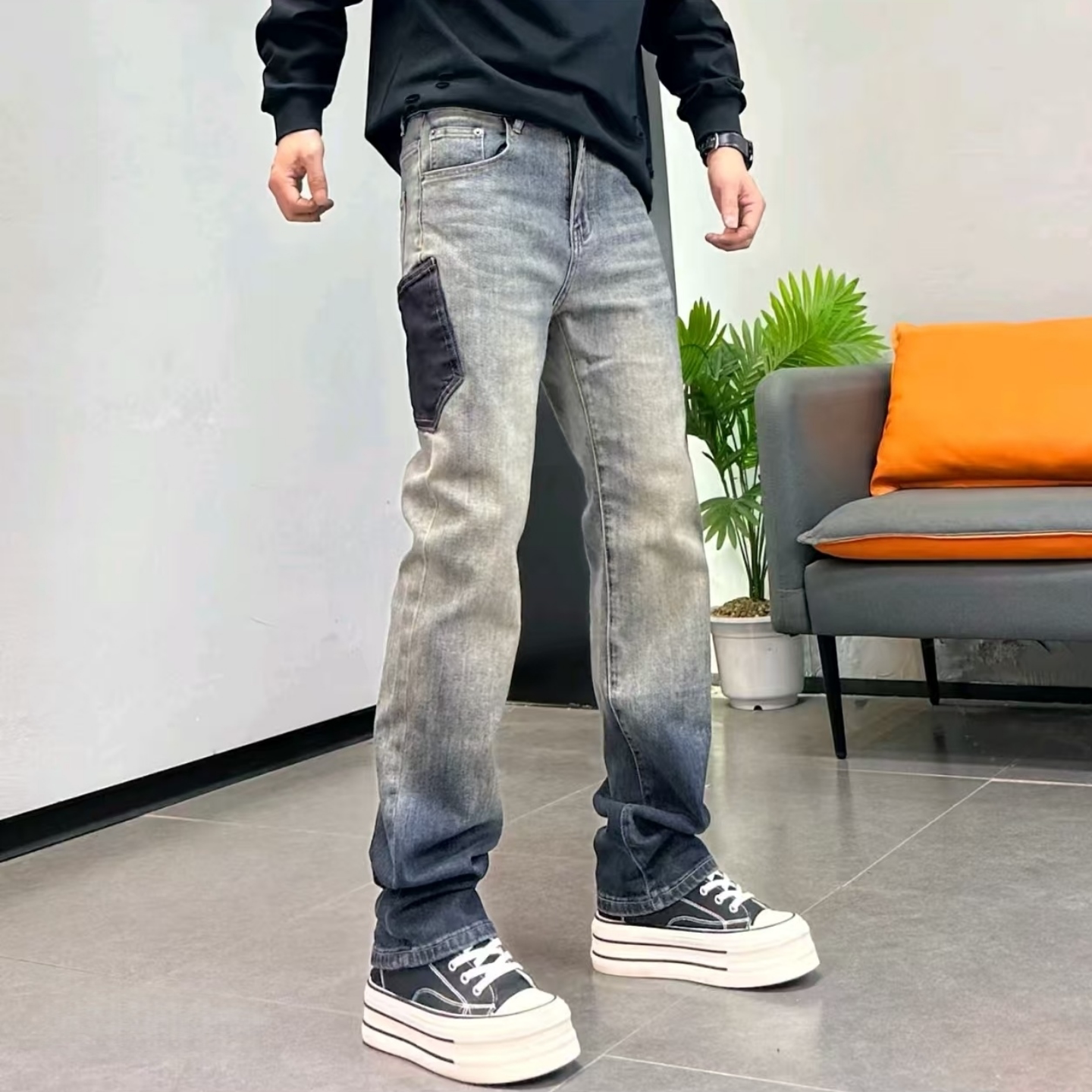 春季美式复古渐变直筒休闲牛仔裤男做旧水洗口袋拼接设计潮牌长裤