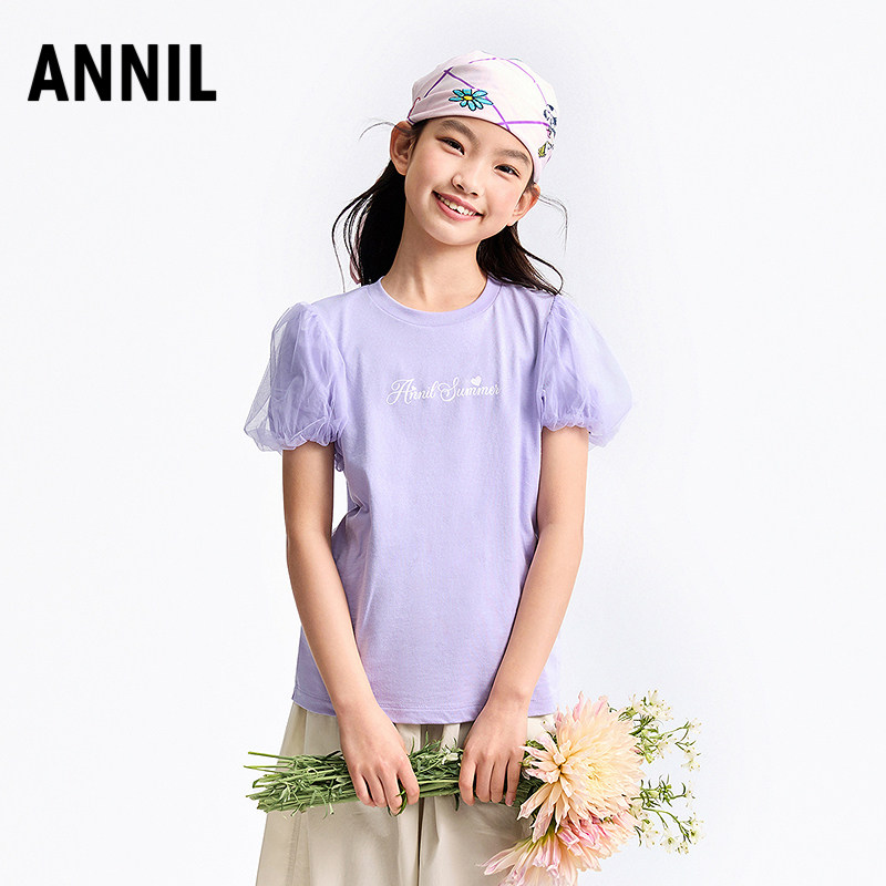 安奈儿童装女童圆领短袖针织衫2025夏新款