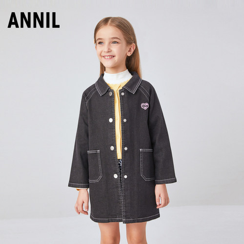 安奈儿童装女童牛仔外套秋休闲外套宽松中长款弹力透气
