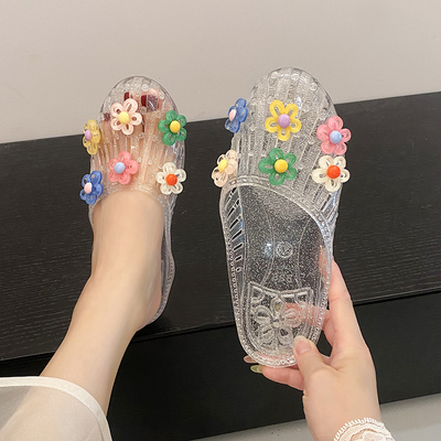 水晶鞋凉鞋女平底透明半拖外穿鞋花果冻鞋软底凉拖鞋包头外穿女鞋