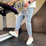 2026春季新款牛仔裤男潮牌网红刮烂破洞小脚九分裤1001B206P58，男装牛仔裤，星座1001