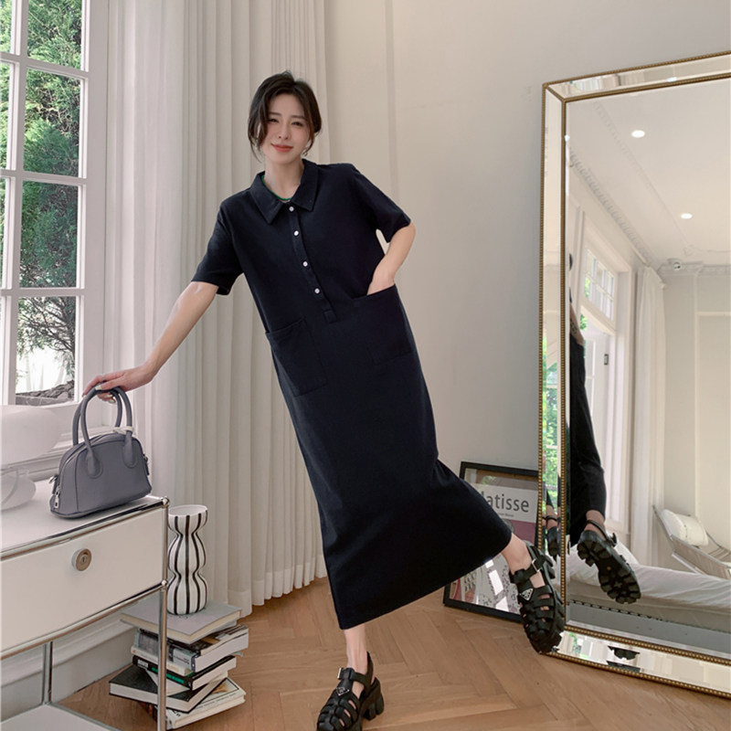 胖mm大码女装冷淡风polo连衣裙女春夏宽松显瘦黑色翻领短袖t恤裙