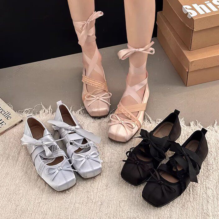 YTMCC甜美风绑带蝴蝶结芭蕾舞鞋女方头浅口玛丽珍鞋单鞋软底鞋