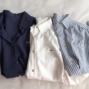 韩版 开衫 通勤条纹衬衣 刺绣单排扣长袖 翻领口袋简约时尚 春秋新款