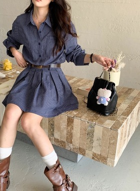 YTMCC 含腰带 中古韩系蓝色格子POLO领衬衫百褶短款连衣裙~