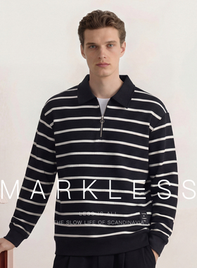 Markless2026春款休闲男士卫衣黑白条纹Polo翻领半拉链宽松上衣男