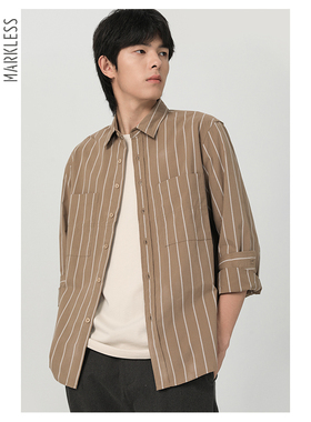 Markless经典休闲条纹衬衫男春新款碳素磨毛长袖廓形衬衣外套