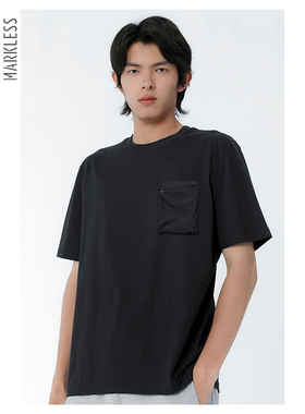 Markless黑色纯色黑科技速干T恤夏季新款男圆领口袋短袖打底上衣