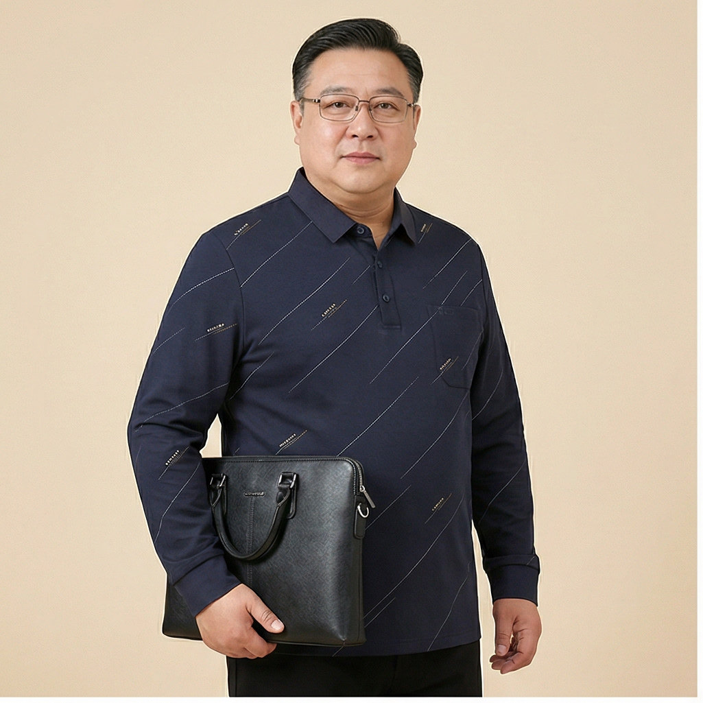 中老年男装条纹长袖T恤加肥加大码宽松舒适爸爸春秋打底上衣口袋