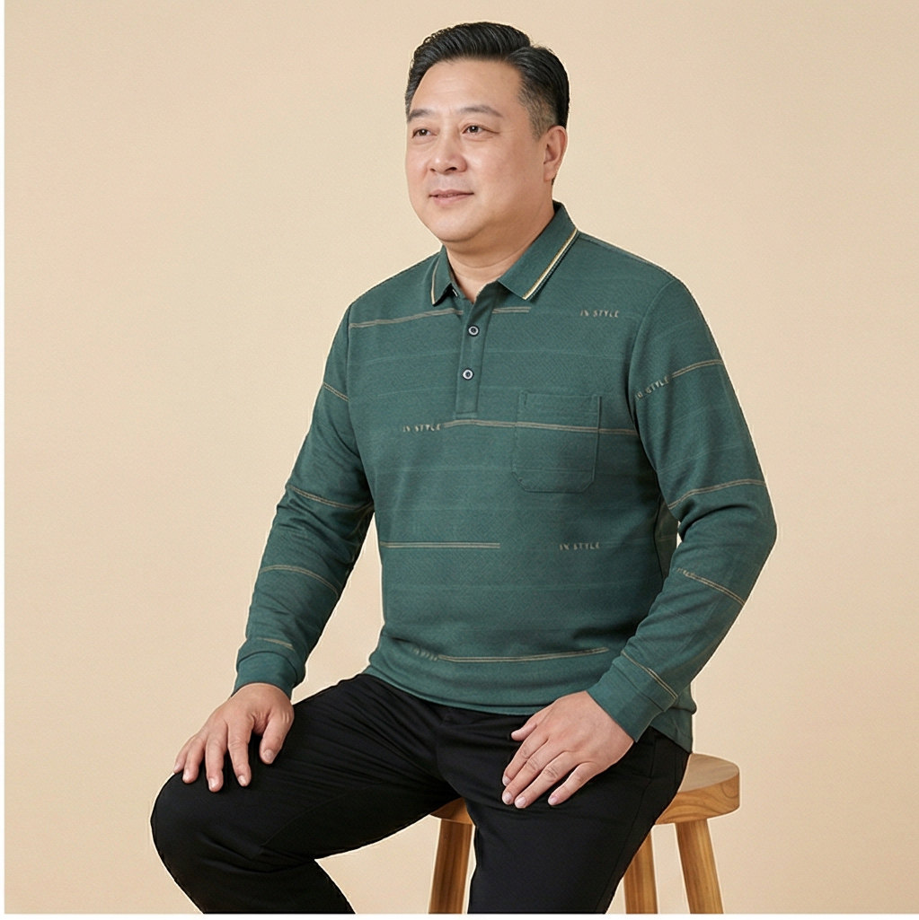 中老年人秋季加肥加大码翻领长袖T恤男肥佬宽松休闲带口袋打底衫