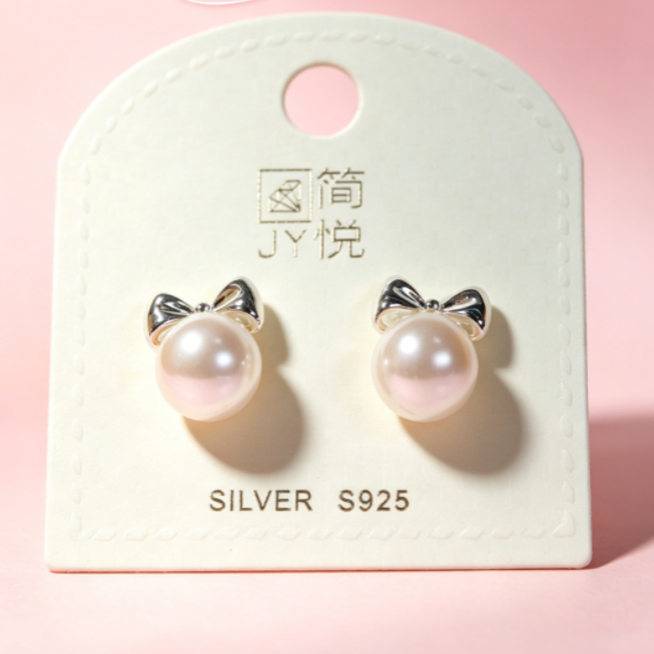 S925纯银蝴蝶结珍珠耳钉法式