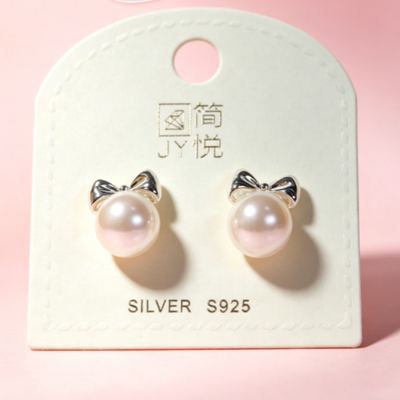 S925纯银蝴蝶结珍珠耳钉法式