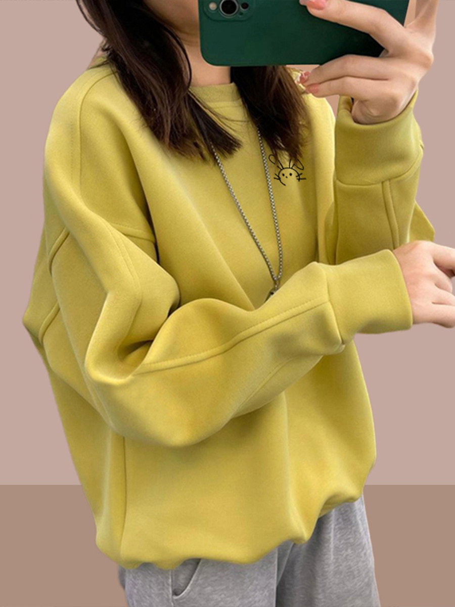 Polar Fleece 100% Cotton Round Neck Sweatshirt for Women, Autumn/Winter 2025 New Loose Fleece Lined and Thickened Lazy Style American Casual