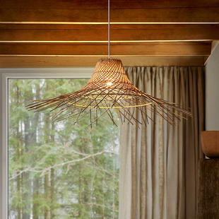 侘寂风藤编吊灯ins餐厅茶室民宿日式 禅意创意草帽灯东南亚风格