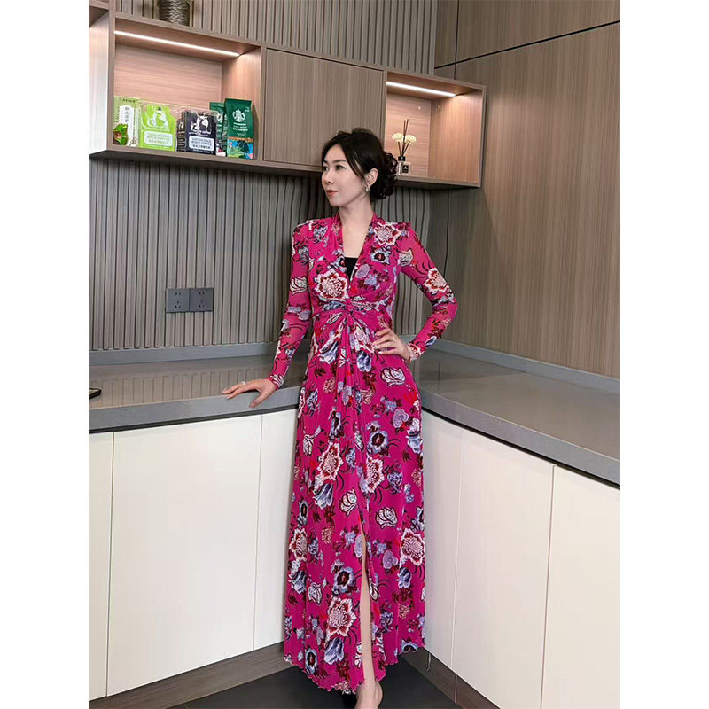 【女人丝界】玫红连衣裙女法式V领扭结高腰开叉网纱印花气质长裙