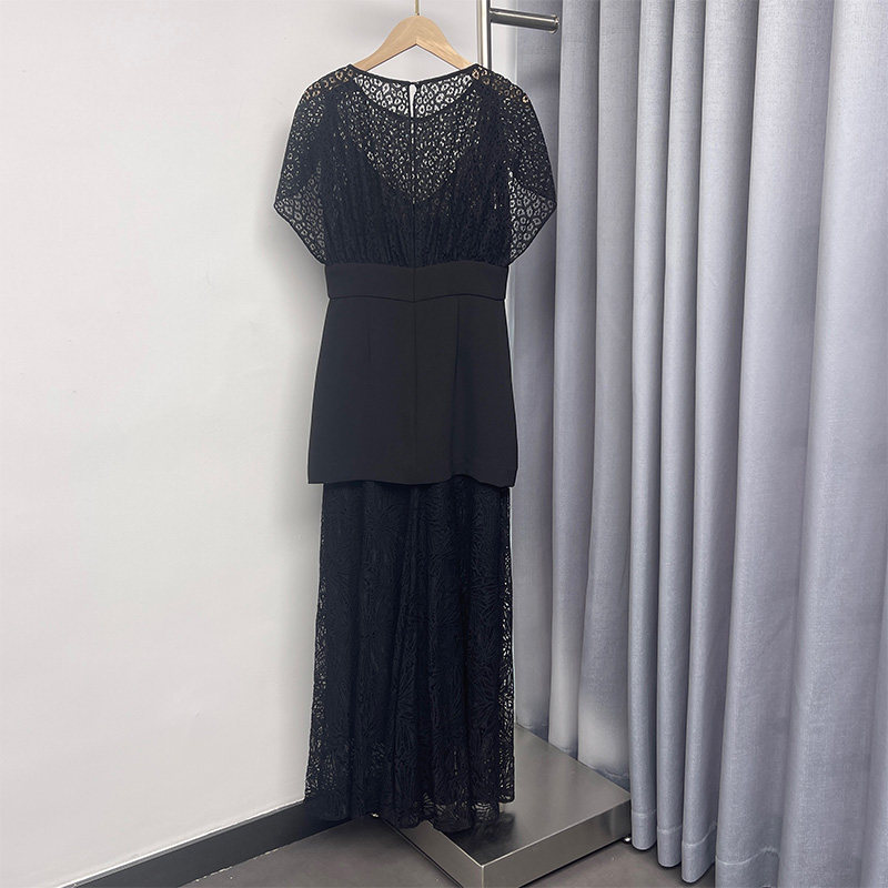 【女人丝界】 24秋精致钩花蕾丝拼接优雅A字长款假两件礼服连衣裙