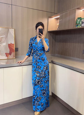 【女人丝界】26春季新款蓝葡萄藤针织桑蚕丝翻领七分袖超长裹身裙