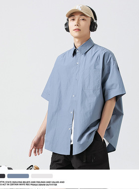 Maunsell 夏季纯色休闲宽松户外衬衣cityboy简约翻领中性短袖衬衫