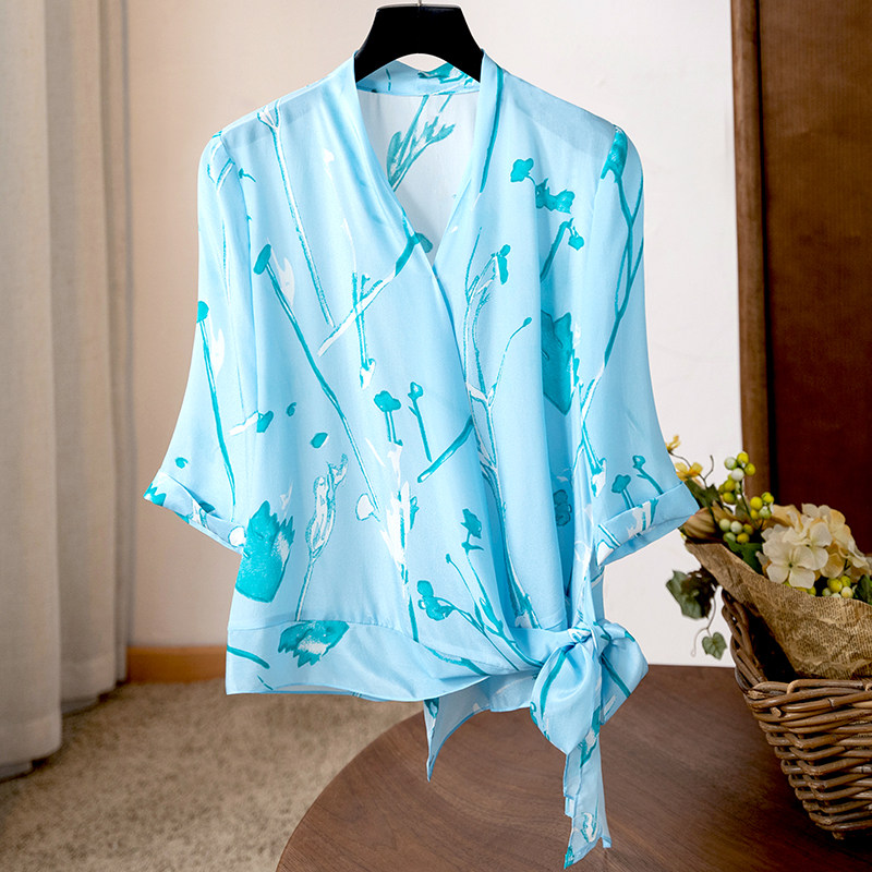 GENTLE FEMININE WRAP V-NECK SILK TOP FASHION PERSONALITY DESIGN SENSE SIDE TIE HALF SLEEVE COOL SHIRT SUMMER