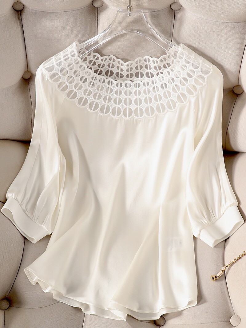WEAR A SWAN NECK DELICATE CUTOUT COLLARBONE EMBROIDERY SATIN SILK HALF-SLEEVED TOP FOREIGN MULBERRY SILK SHIRT GIRL