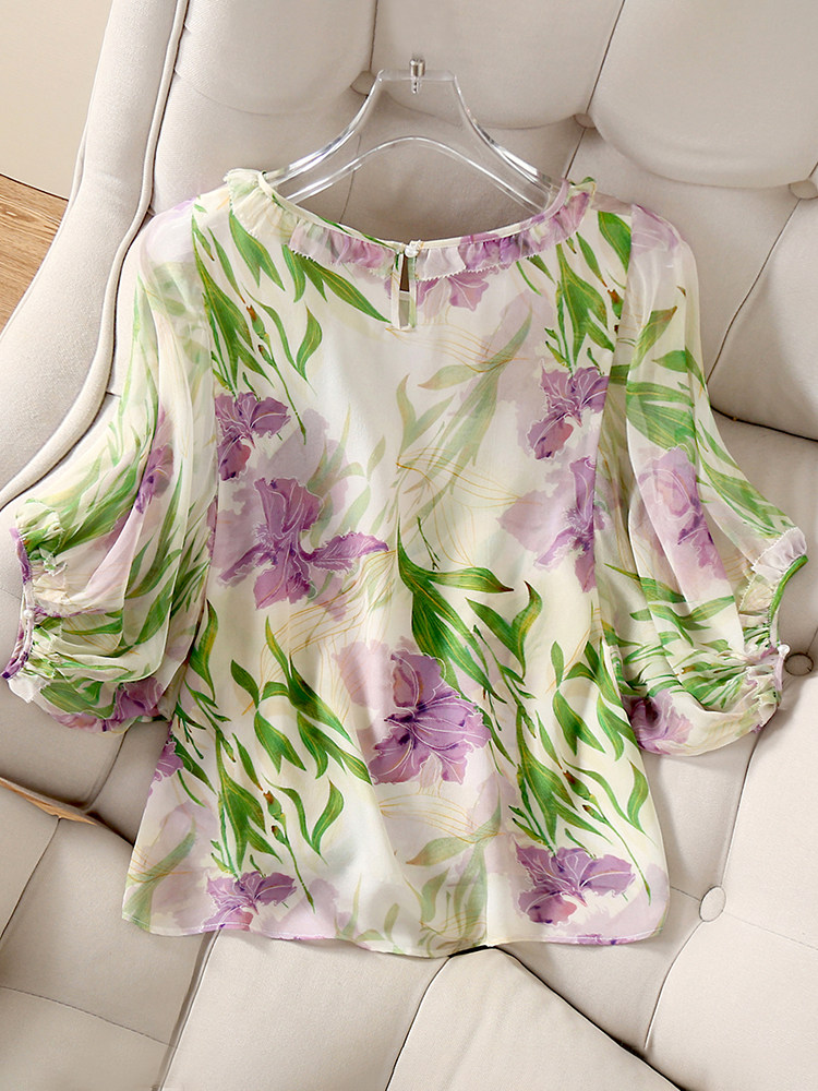 REFRESHING SUMMER PURPLE IRIS PRINT BEAUTIFUL FOREIGN MULBERRY SILK SHIRT WHITE SKIN COLOR SILK BLOUSE WOMEN