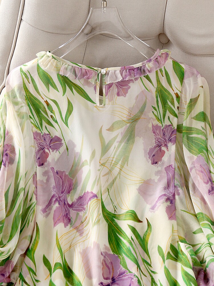 REFRESHING SUMMER PURPLE IRIS PRINT BEAUTIFUL FOREIGN MULBERRY SILK SHIRT WHITE SKIN COLOR SILK BLOUSE WOMEN