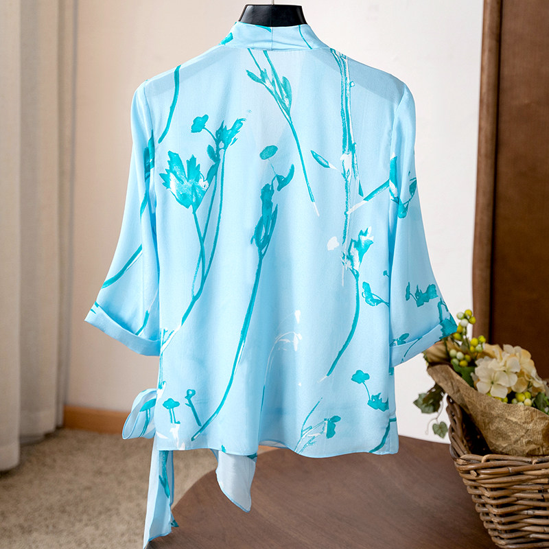 GENTLE FEMININE WRAP V-NECK SILK TOP FASHION PERSONALITY DESIGN SENSE SIDE TIE HALF SLEEVE COOL SHIRT SUMMER