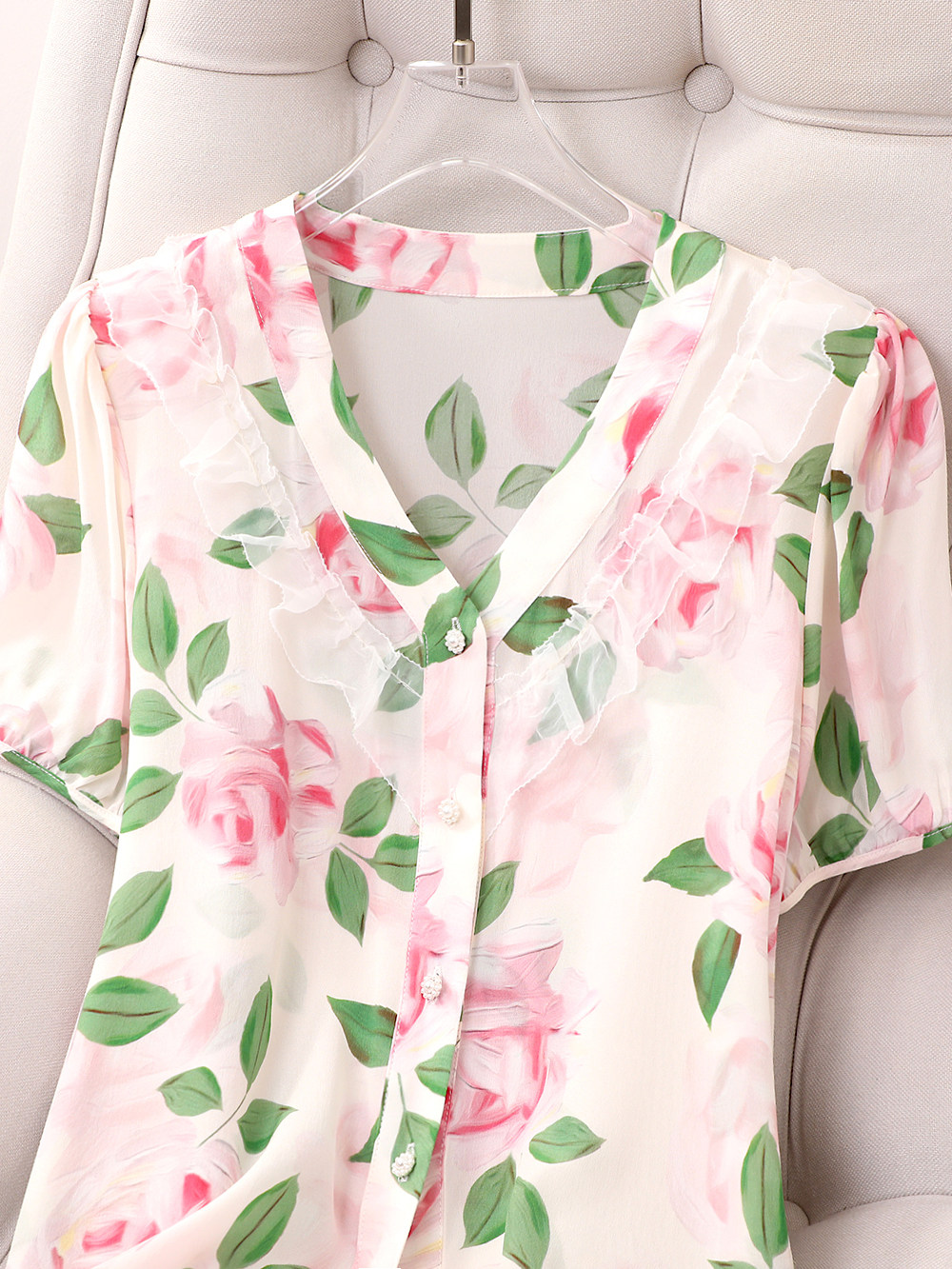 BEAUTY ELEGANT FRAGRANT LADYLIKE PRINT FASHIONABLE SILK BLOUSE SWEET RUFFLES MULBERRY SILK TOP SUMMER