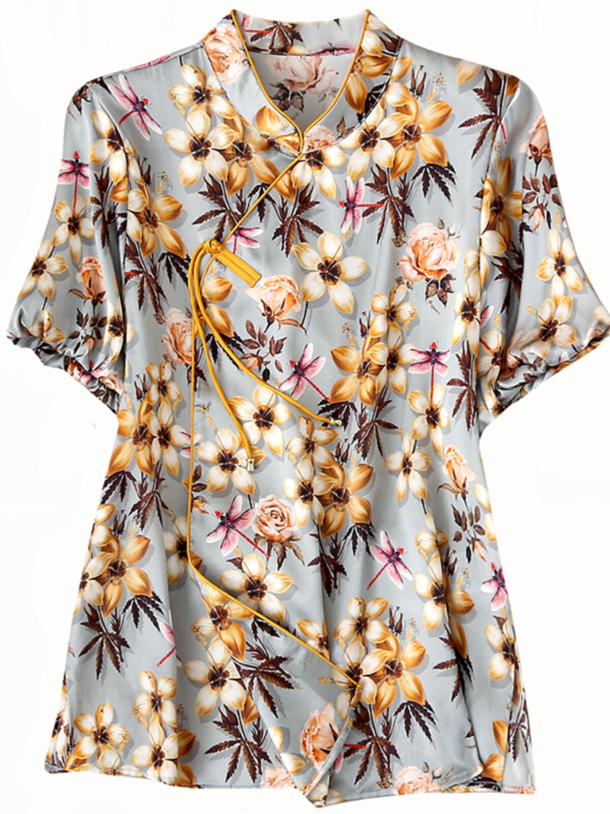 RICH CHINESE CHARM FESTIVE NATIONAL STYLE PRINTED SATIN SILK TOP WOMENS SUMMER SHORT-SLEEVED MULBERRY SILK COOL SHIRT
