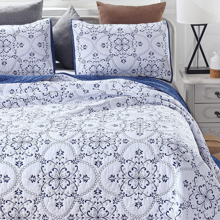 外贸出口纯棉绣花绗缝被夏凉被空调被床盖三件套夹棉欧式床单床罩