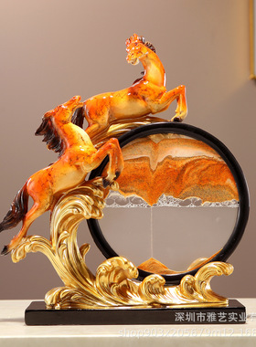 新中式双马流沙画摆件家居客厅电视柜玄关酒柜办公室桌面装饰礼品