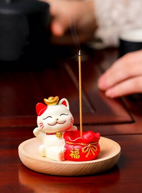 可爱招财猫禅意香炉香插摆件家用竹木托盘线香盘香香托桌面装饰品