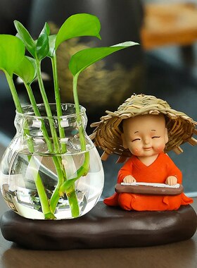 草帽和尚摆件办公室桌面装饰礼物水培花瓶客厅插花中式禅意装饰品