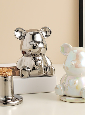 暴力熊陶瓷牙签盒家用个性创意轻奢高级颜值牙线盒棉签收纳筒摆件