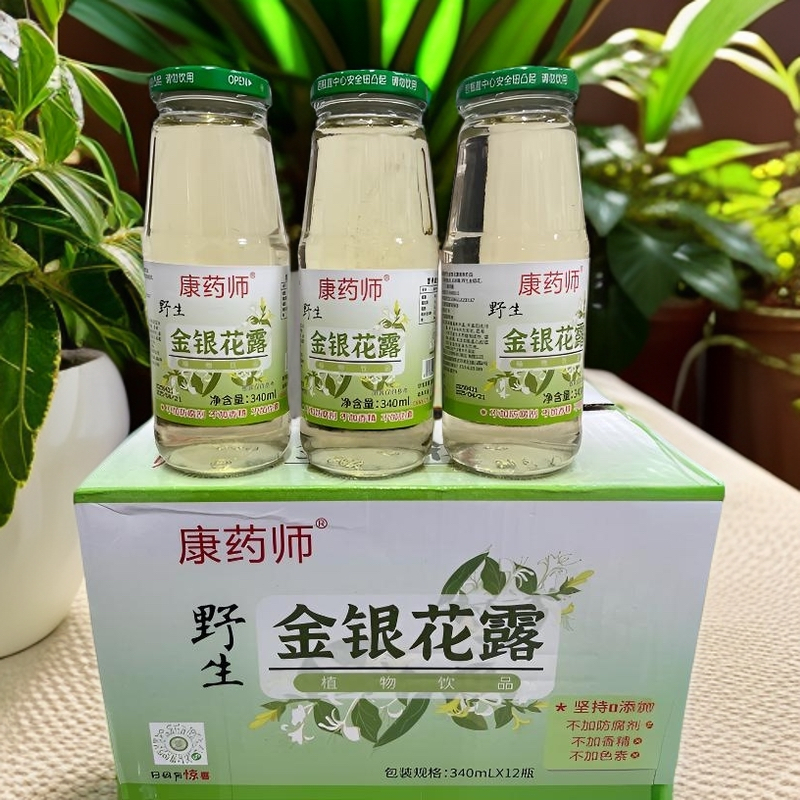 康药师玻璃瓶装野生金银花露植物饮料340毫升12瓶