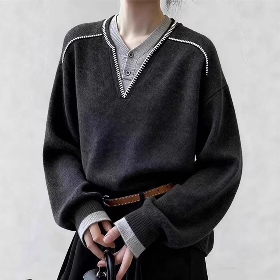 高级感深灰色假两件套头针织衫女毛针织衫