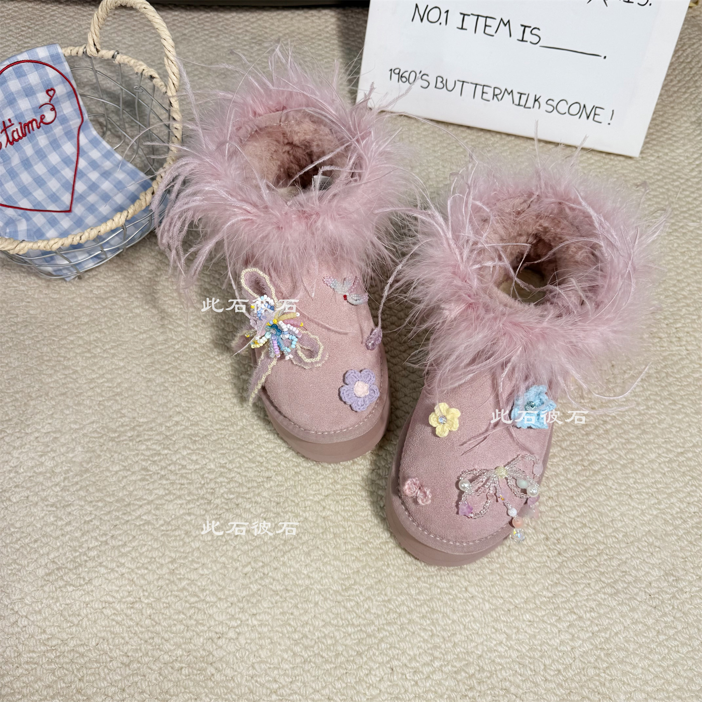 原创设计师款冬季保暖雪地靴鸵鸟毛短筒增高保暖加厚面包雪地靴