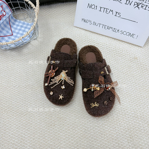 此石彼石原创设计手工重工勃肯半包拖鞋秋冬毛绒拖鞋小众不撞款鞋