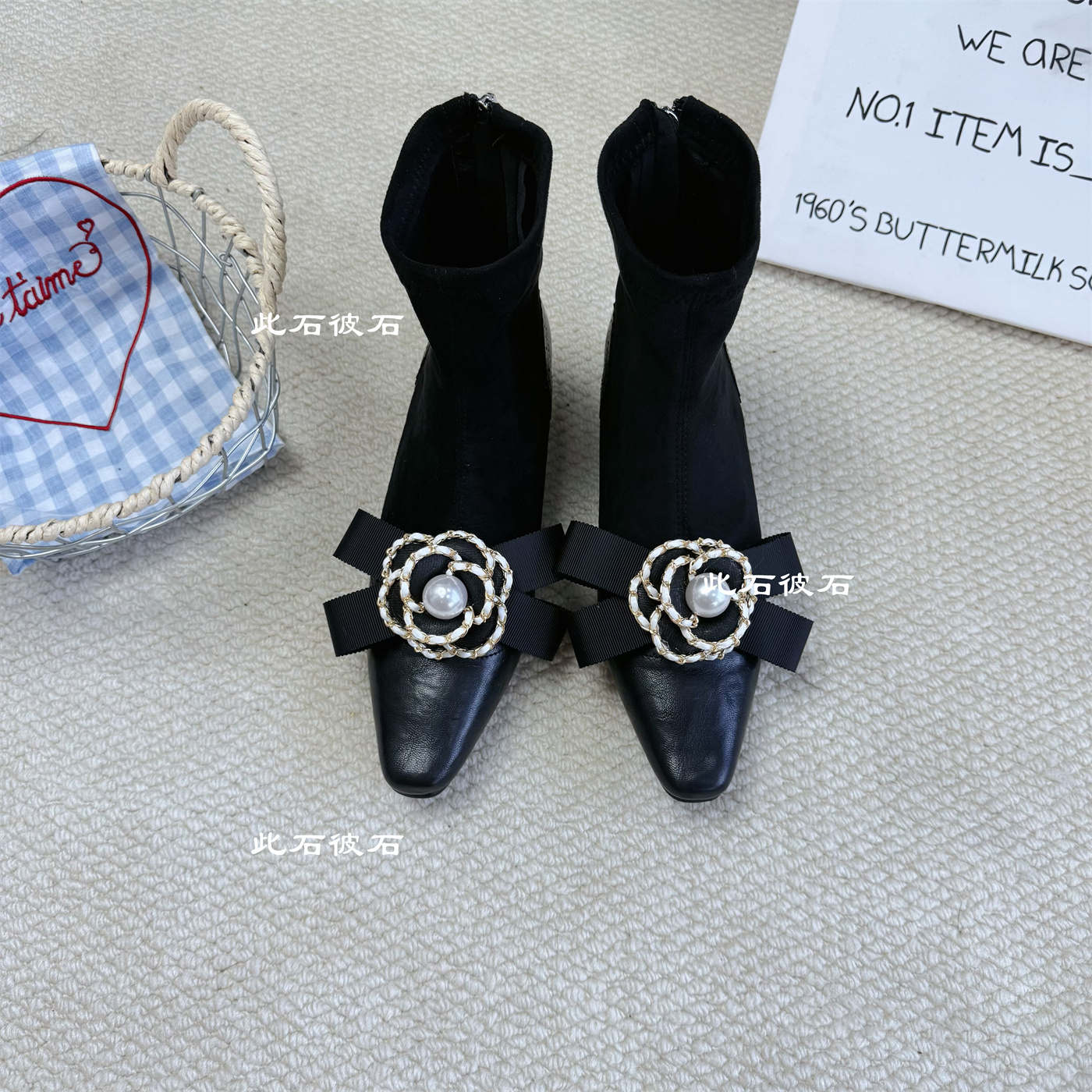 新款法式复古山茶花弹力靴显瘦气质瘦瘦靴鸵鸟毛尖头内增高靴子