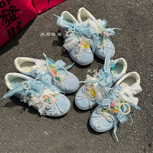 原创 芭蕾风德训鞋 甜美清新蕾丝气质珍珠蝴蝶结仙气多巴胺运动鞋