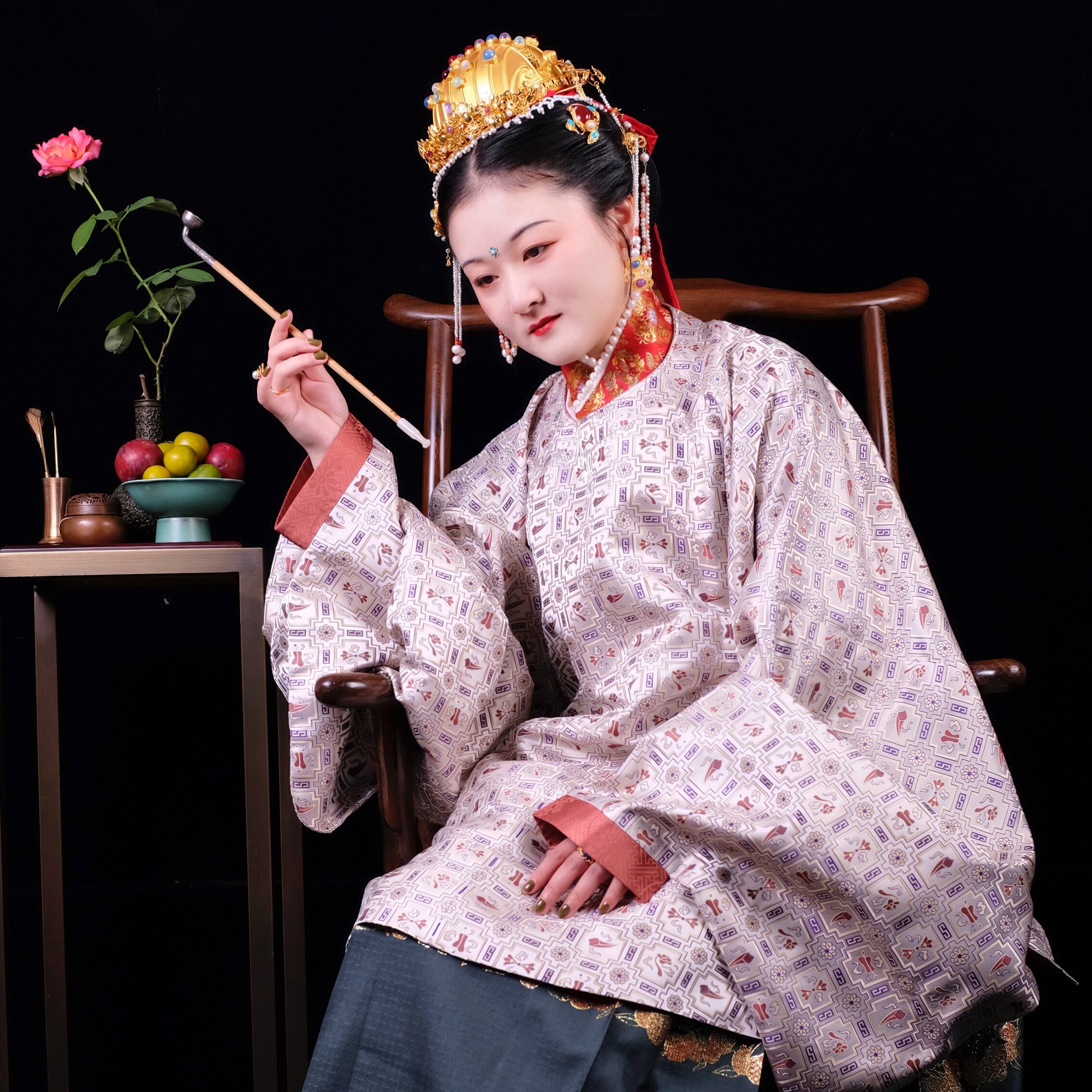 仿明制镶宝石金冠带发簪 明代梁冠 汉服仿古发冠 发饰搭配