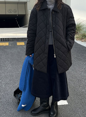 鹿西 韩系翻领菱形格绗棉外套女冬季轻薄休闲保暖棉服上衣89007