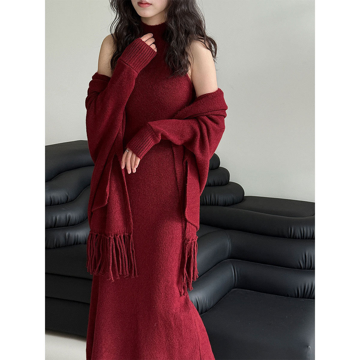 鹿西 秋冬针织衫套装背心连衣裙+流苏披肩外套女毛衣两件套ss913