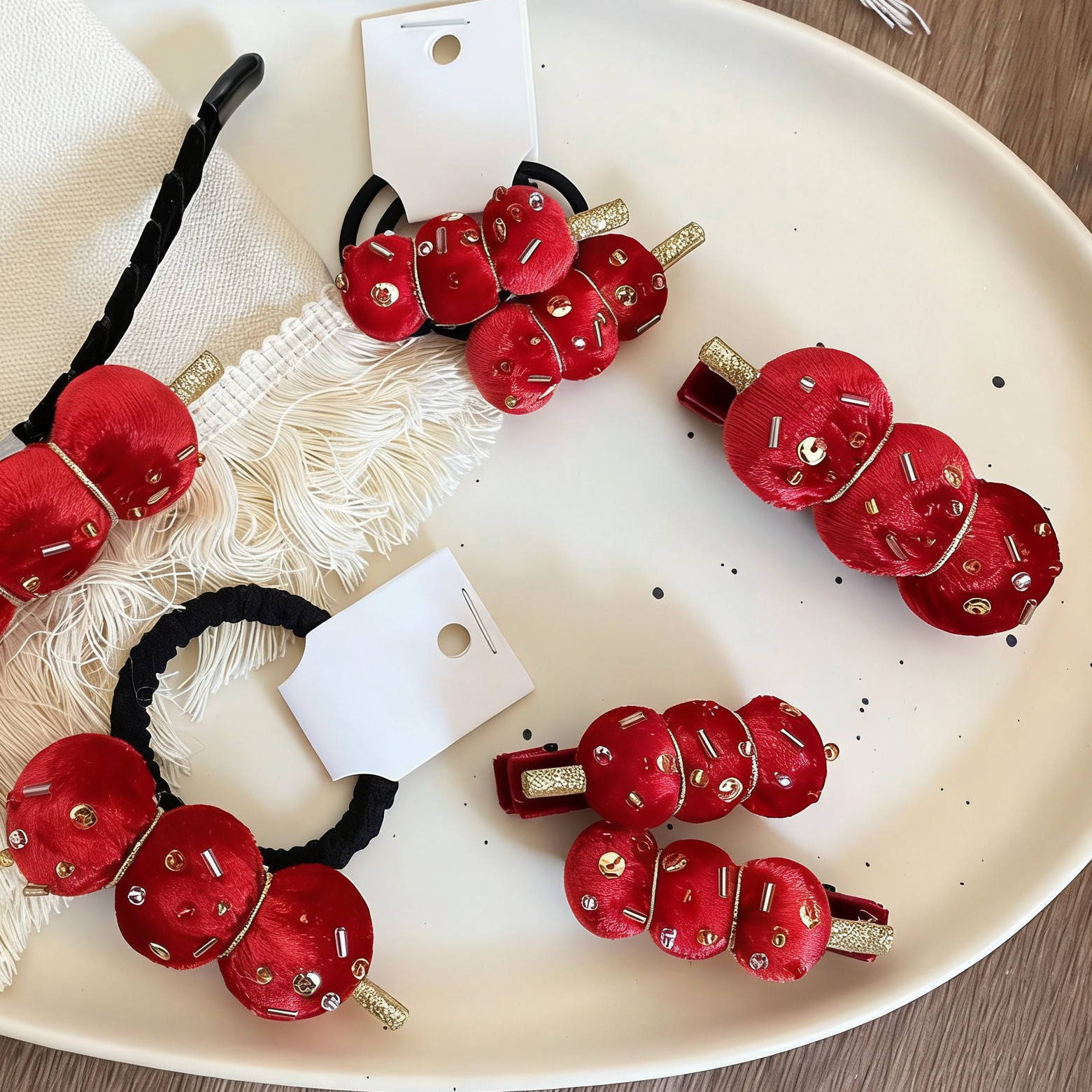 儿童新年糖葫芦发夹过年女孩刘海夹宝宝可爱红色丝绒头绳复古发饰