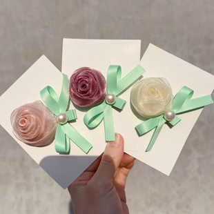 韩国儿童珠光砂玫瑰花发夹小女孩公主超仙蝴蝶结亮钻优质发卡头饰