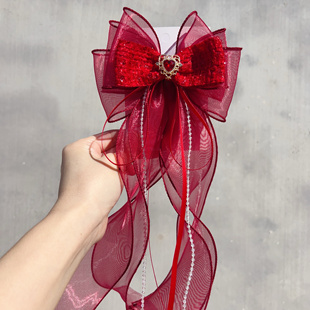 儿童蝴蝶结飘带发夹仙气酒红系高级感女童发夹高马尾发卡发饰头饰