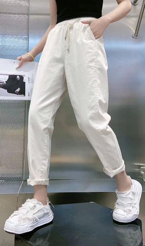 艾加加A++8353高腰弹力纯棉小脚裤春夏新款松紧腰简约休闲女